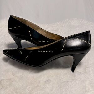 Vintage 80’s Stuart Weitzman Black Leather Gold Studded Heels Pumps Avante Garde